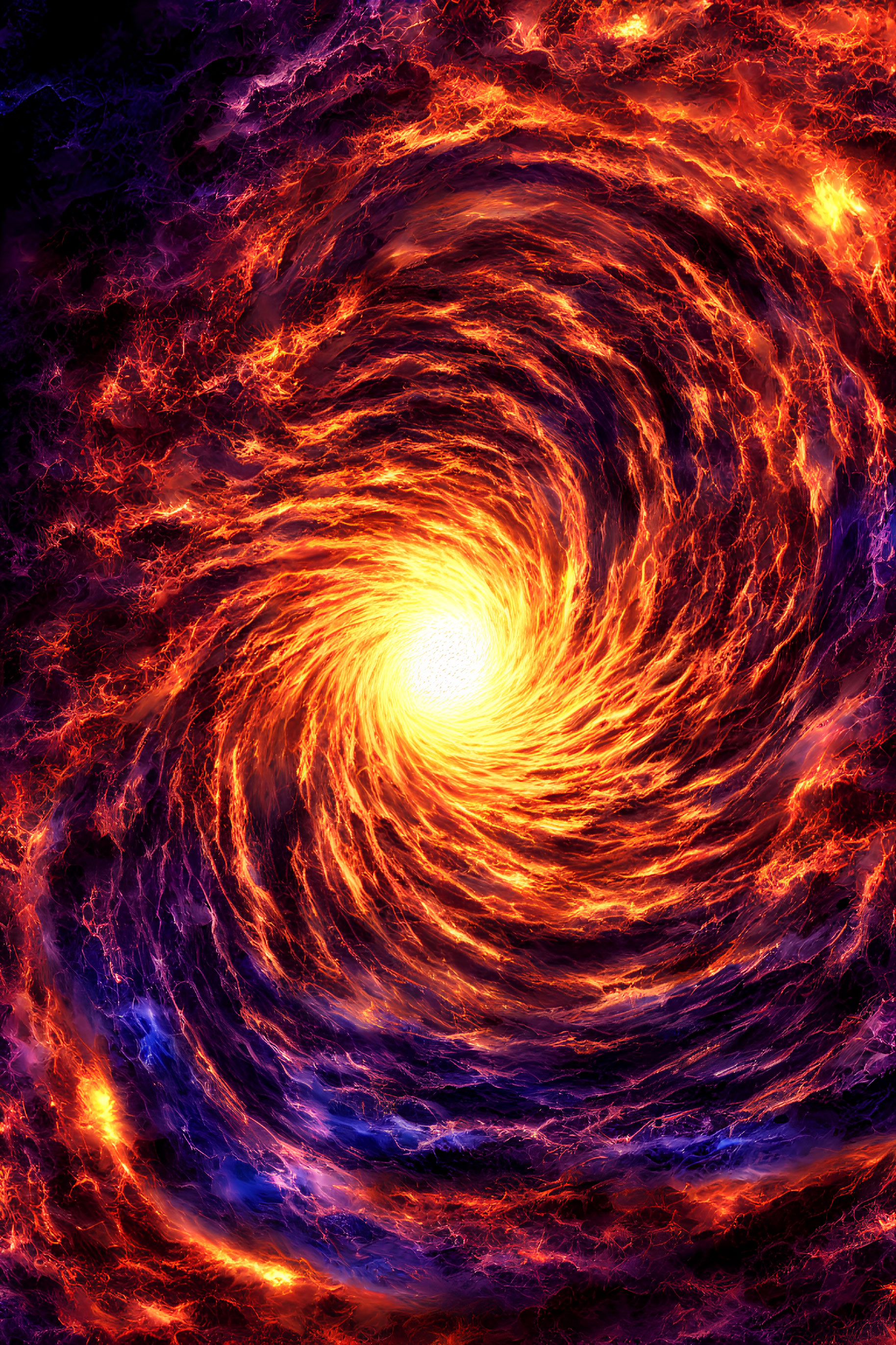 Radiant swirling vortex of deep oranges and blues simulating cosmic activity