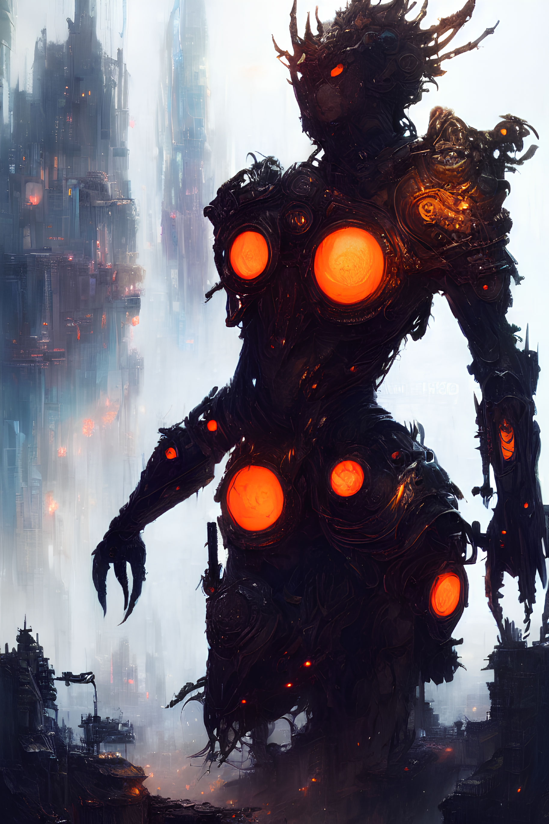 Glowing orange circles on dark humanoid figure in futuristic cityscape