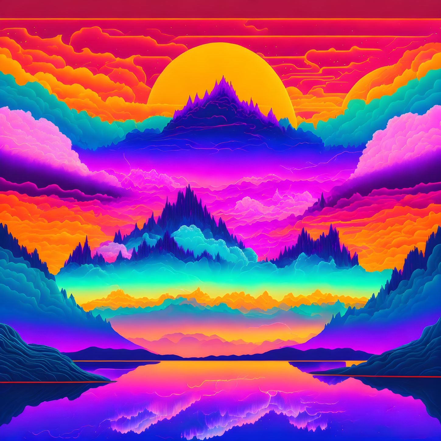 Colorful digital artwork: Layered mountains, sunset, water reflection