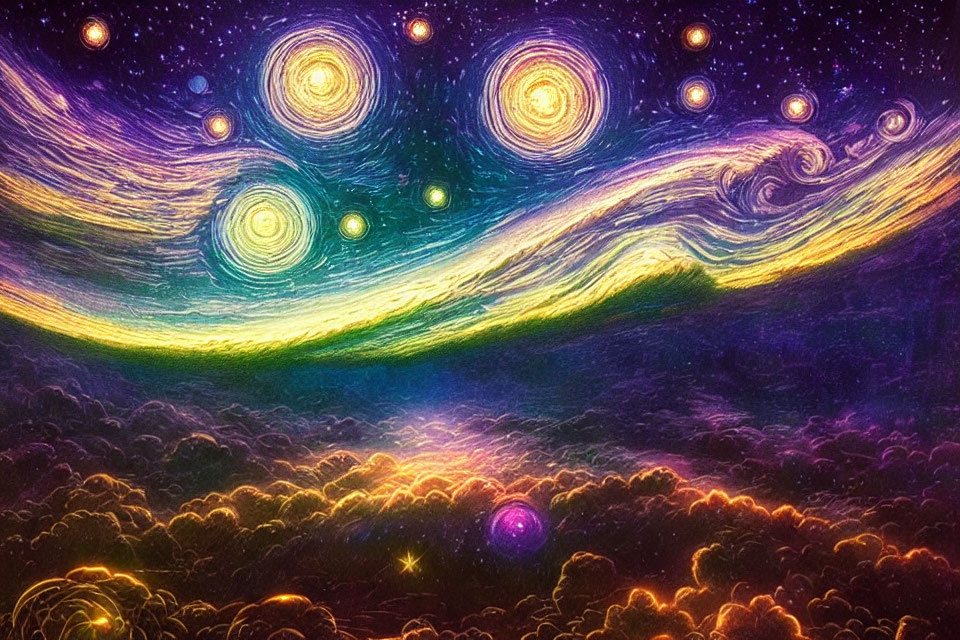 Colorful cosmic painting: swirling galaxies, stars, and clouds in radiant hues