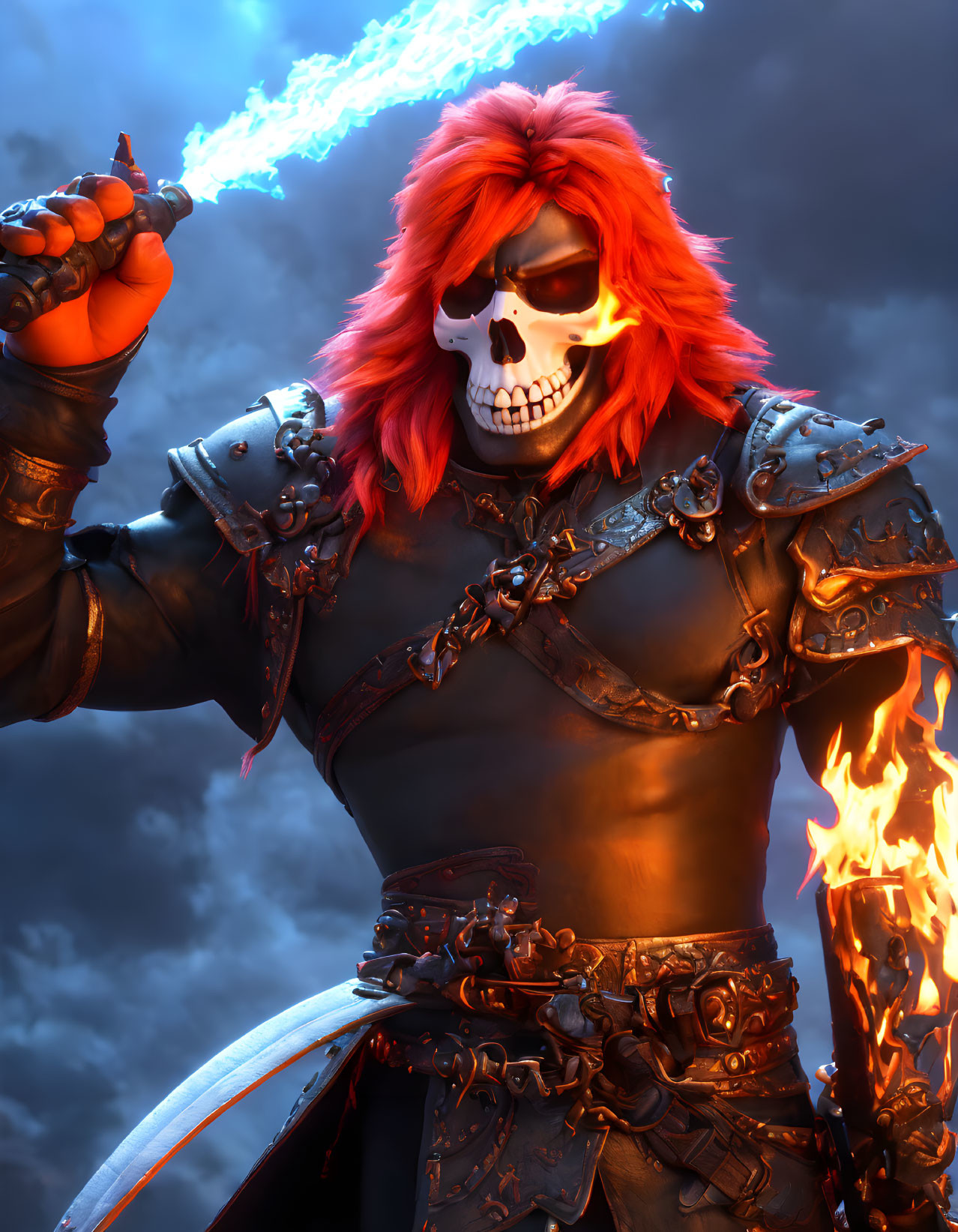 Fiery Skeleton Warrior with Red Hair and Electric Energy in Black Armor