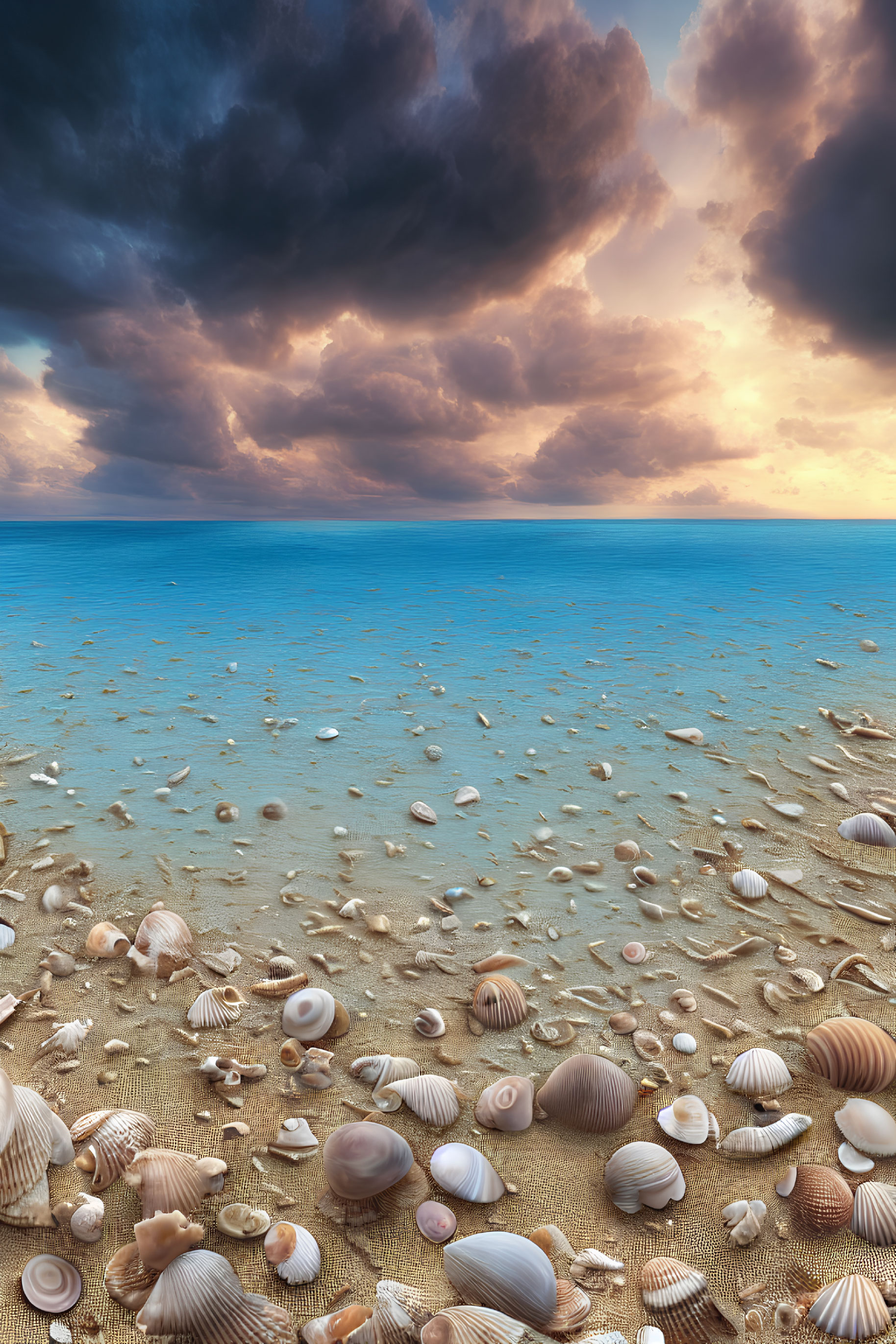 Seashells on sandy beach with calm blue waters and dramatic sunset sky