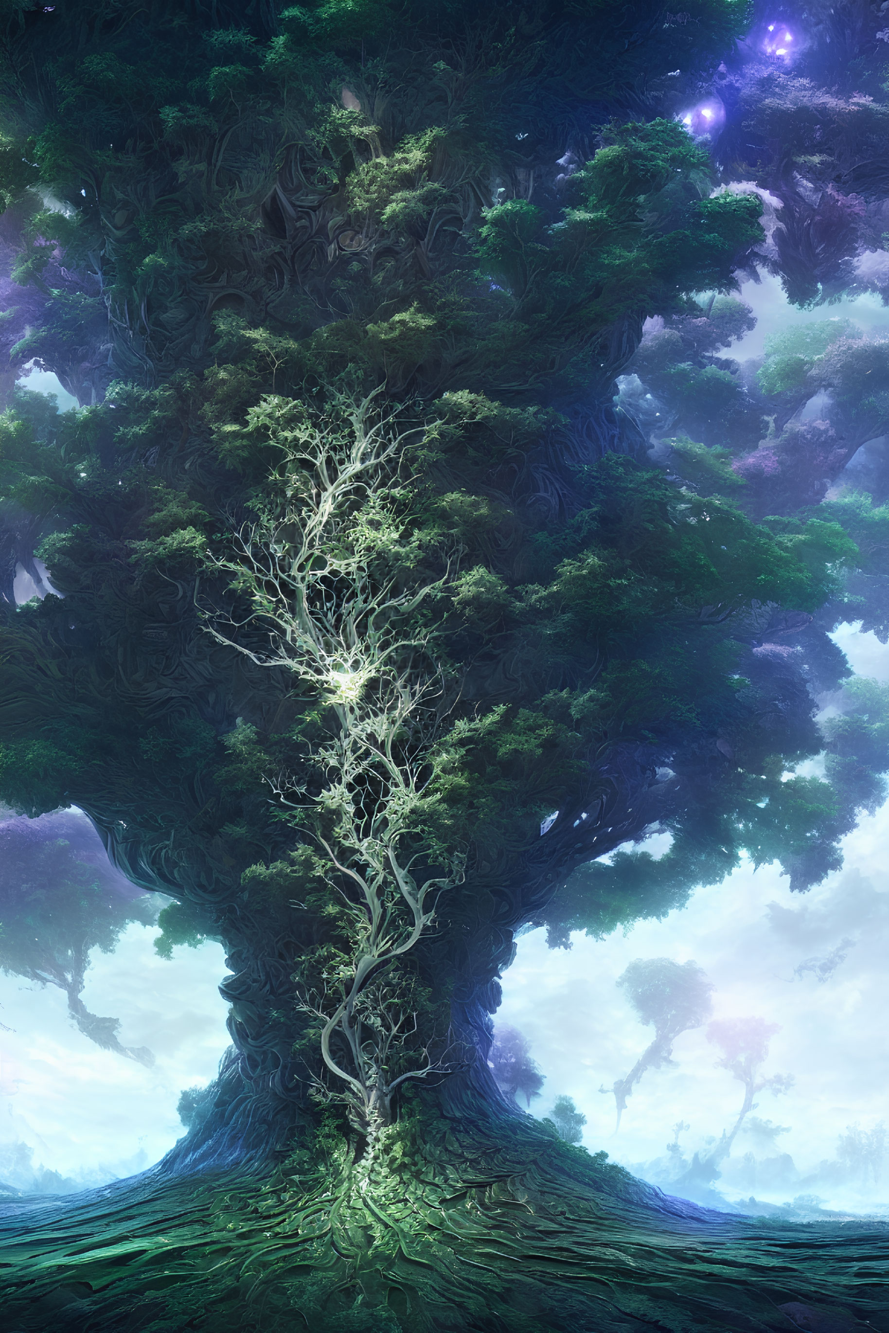 Majestic fantasy tree with glowing branches under mystical sky