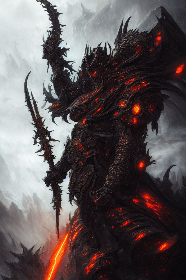 Armored dark fantasy figure with glowing red sword in misty setting