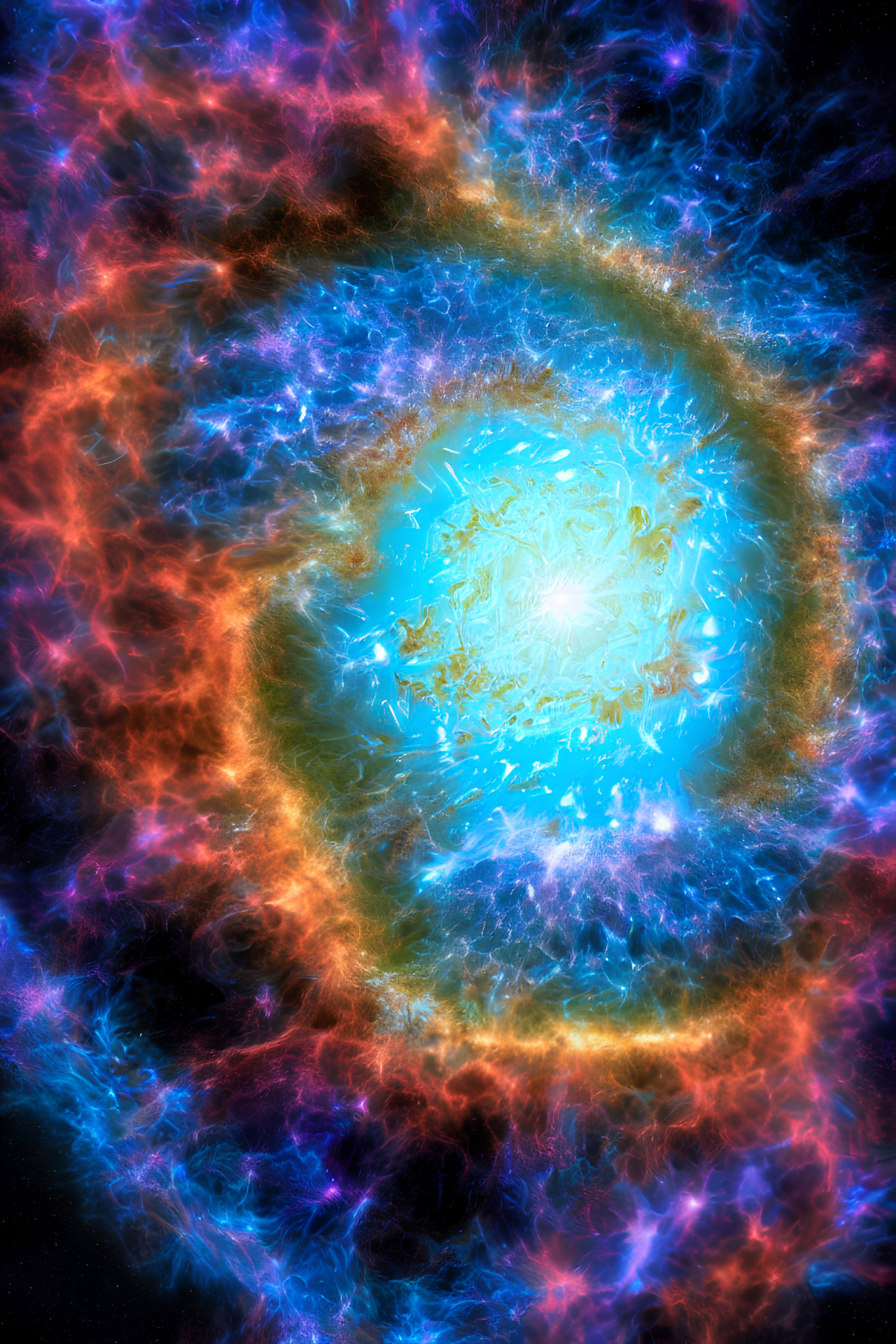 Colorful cosmic image: Blue nucleus, fiery red and purple ring.