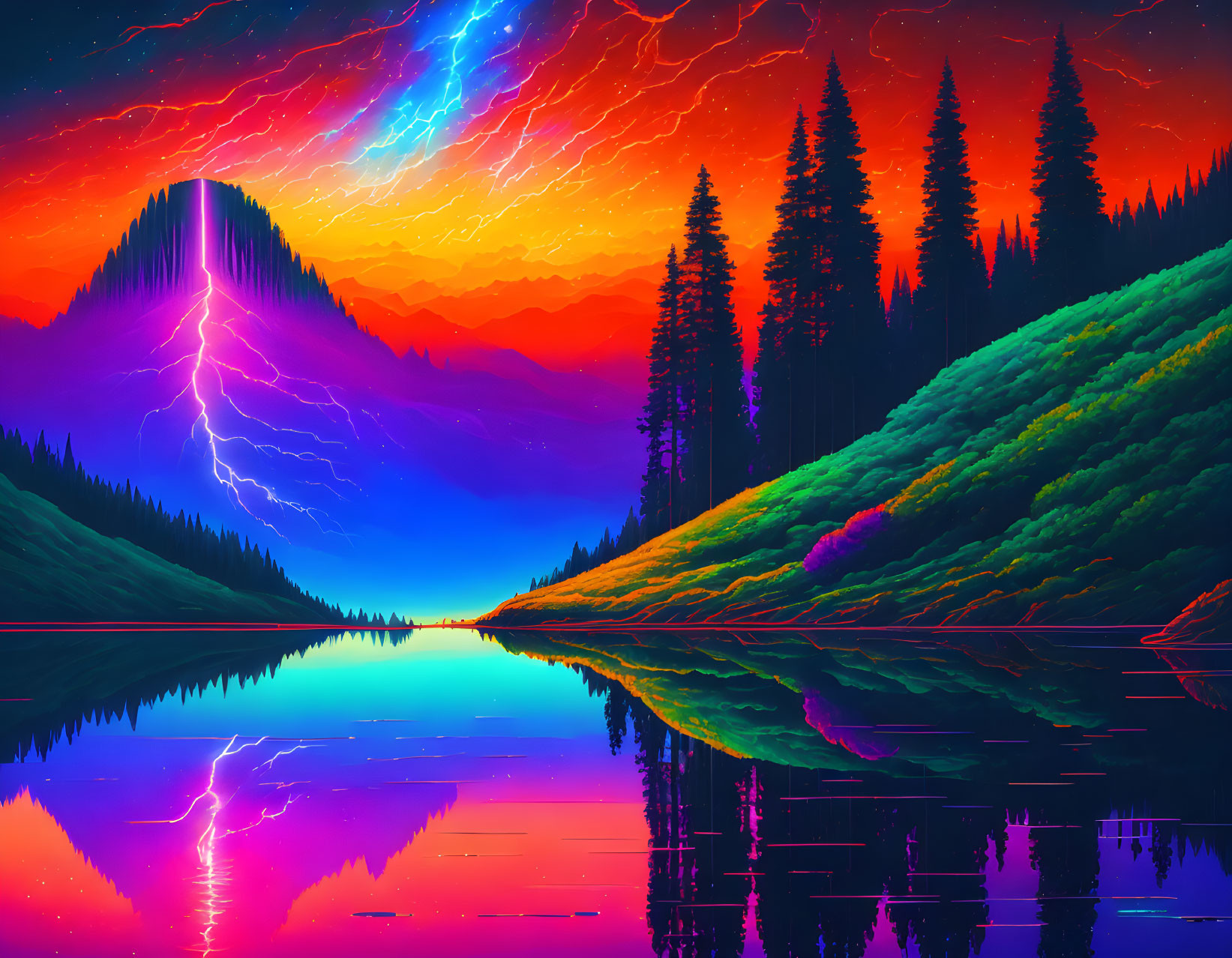 Surreal landscape with mountain, lightning, trees, and colorful sky