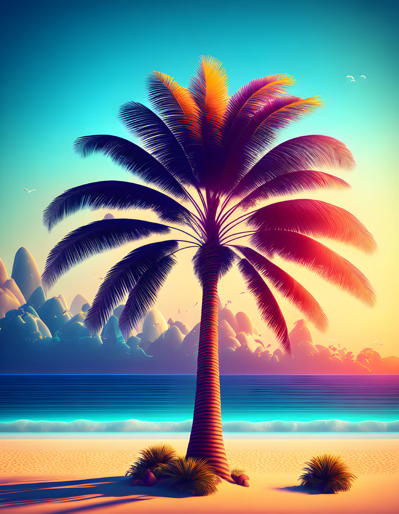 Tropical Beach Scene with Palm Tree, Sunset Sky, Ocean, and Birds