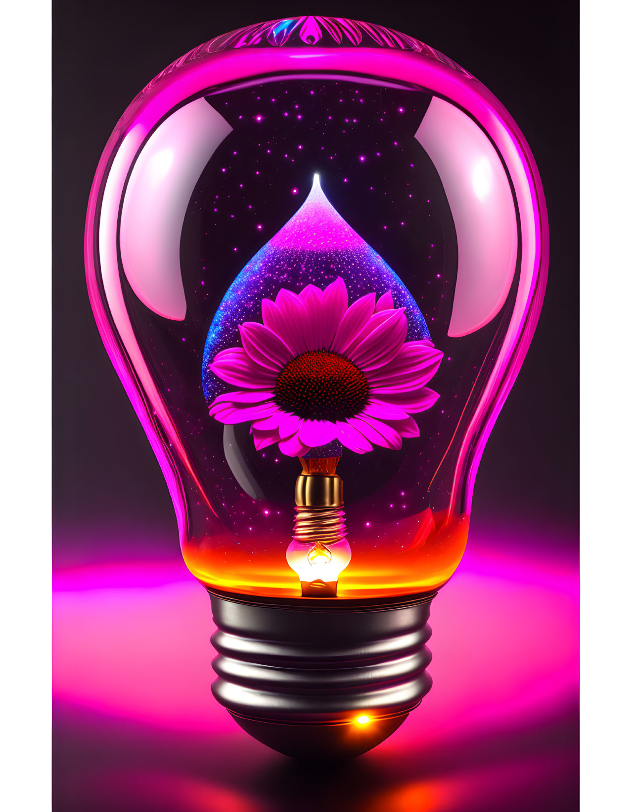 Surreal cosmic light bulb with purple hue, daisy, water droplet, glowing filament