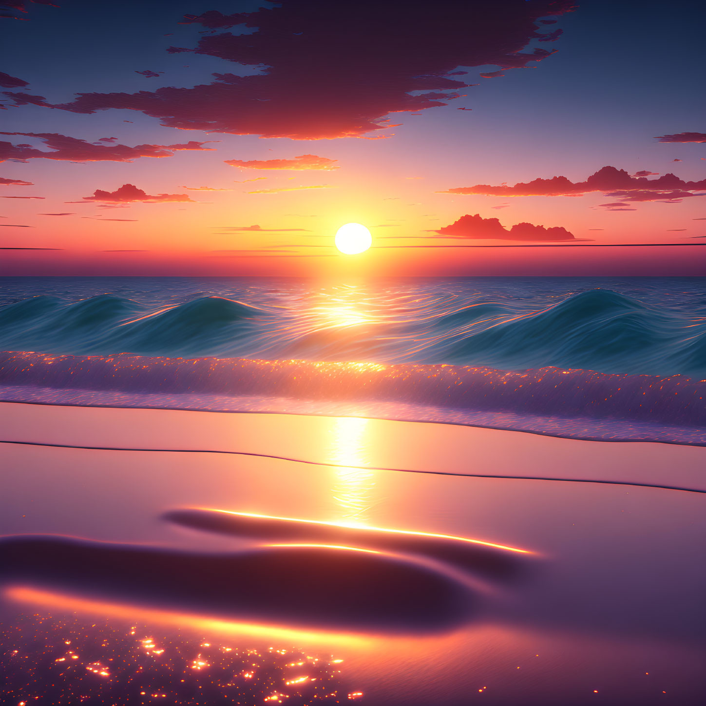 Scenic ocean sunset with glowing sun over horizon on sandy shore