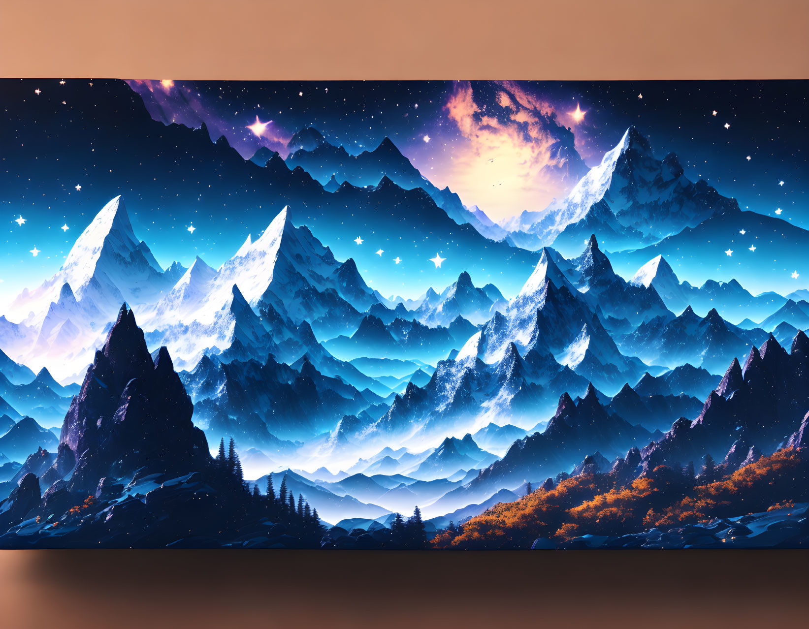 Vibrant mountain range under starry sky in digital art