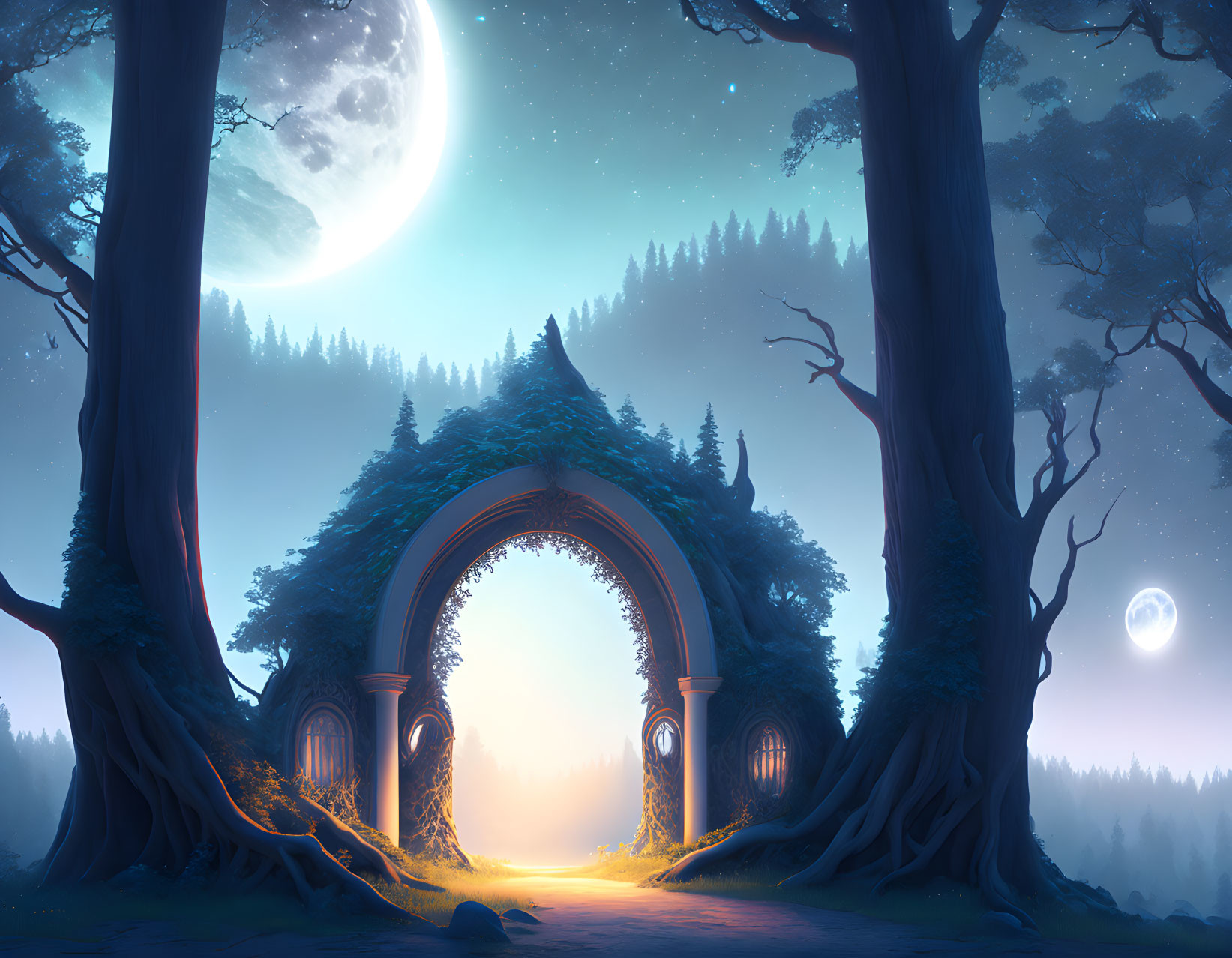 Enchanting forest scene: illuminated archway, large moon, mystical glow