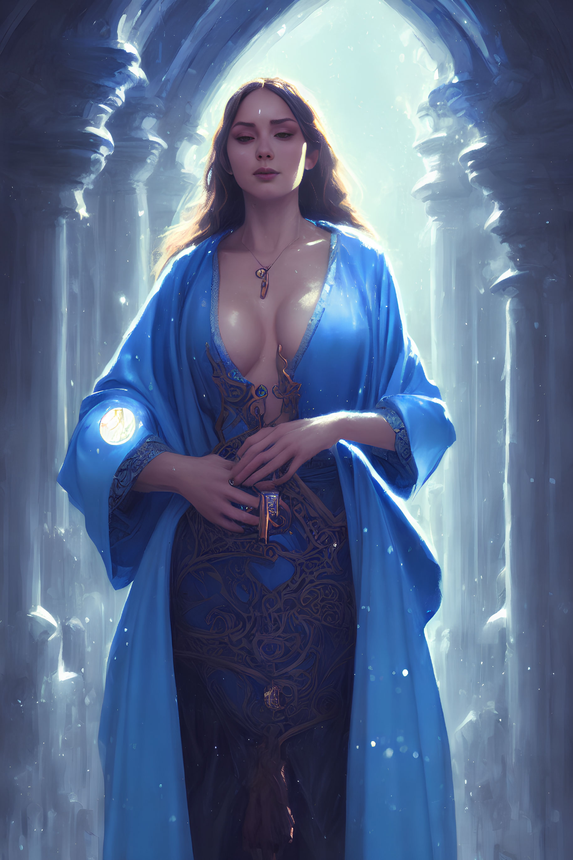 Ethereal woman in blue-gold robe in luminescent hallway