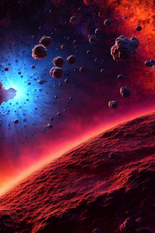 Colorful space artwork: asteroids, star explosion, red and purple planet.