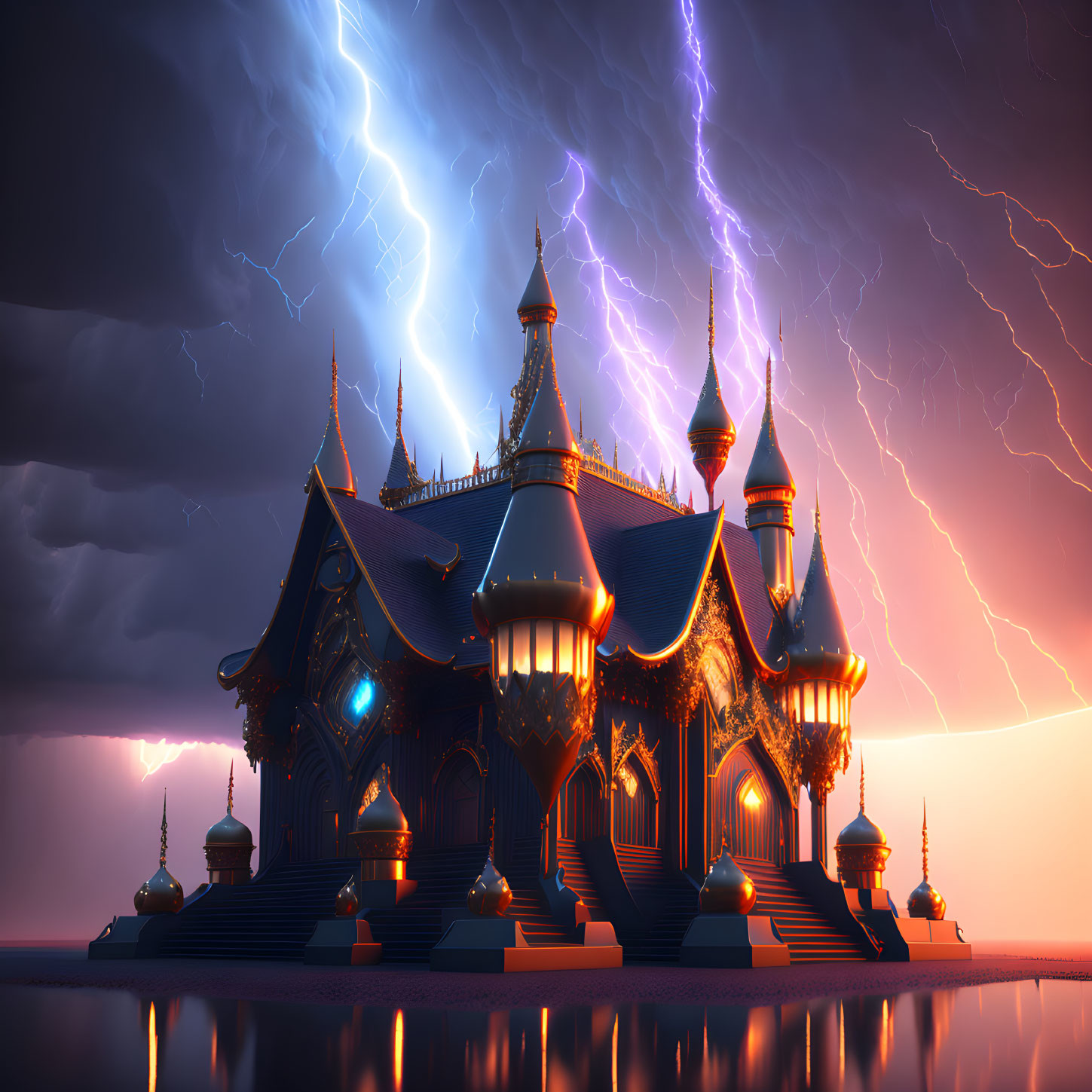 Fantasy castle under purple sky with lightning strikes reflected on calm waters