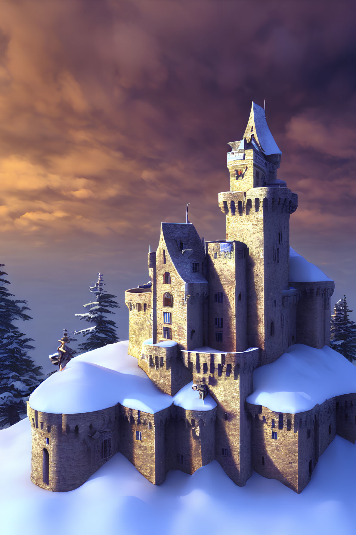 Medieval castle in snow-covered landscape at sunset