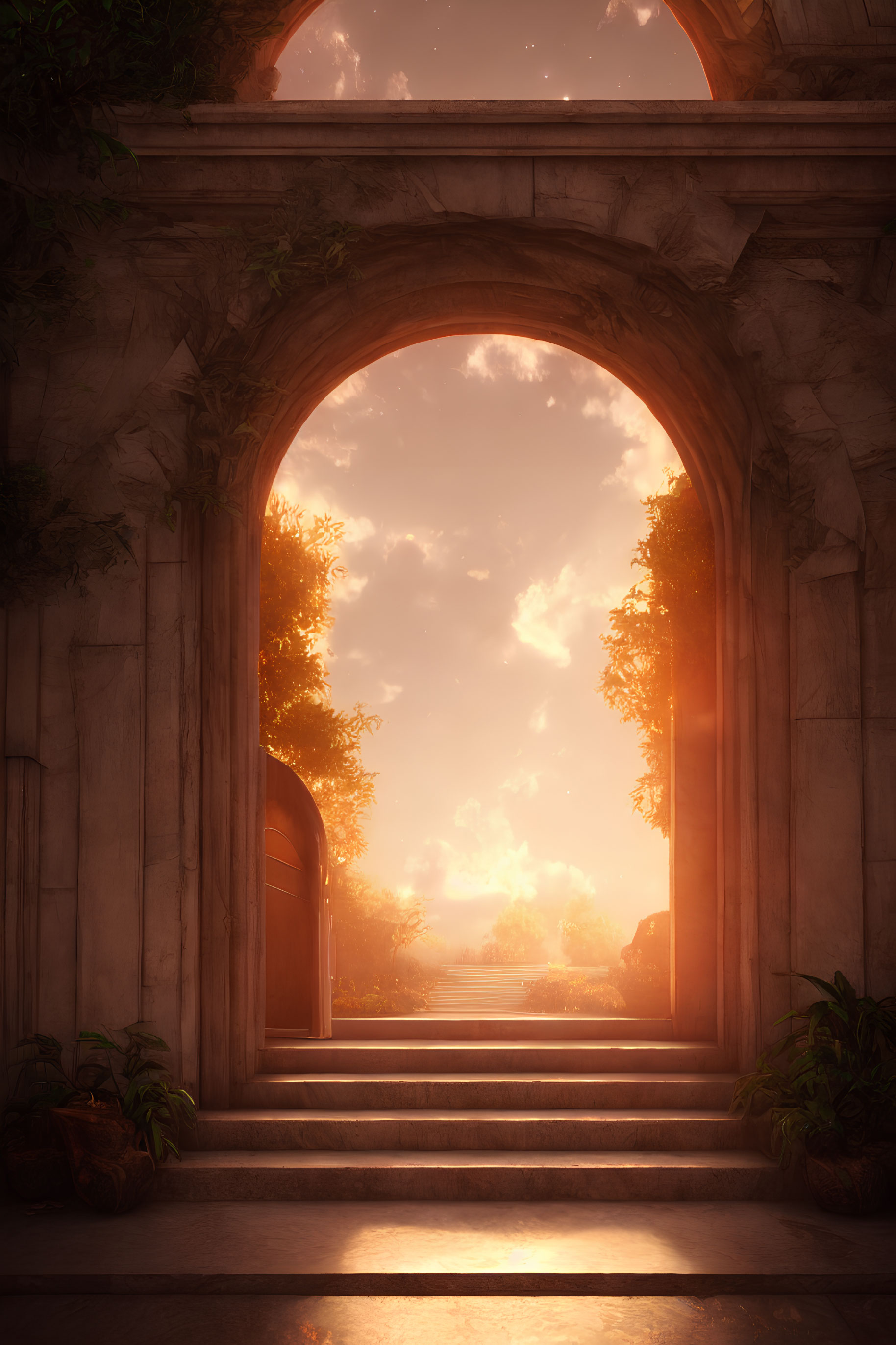 Sunset Archway with Stairs and Ornate Columns in Greenery