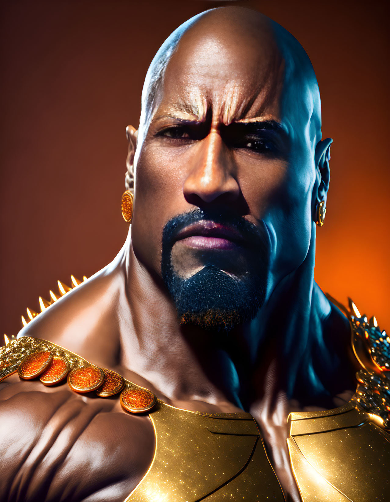 Muscular bald figure in gold armor and goatee on orange and blue backdrop