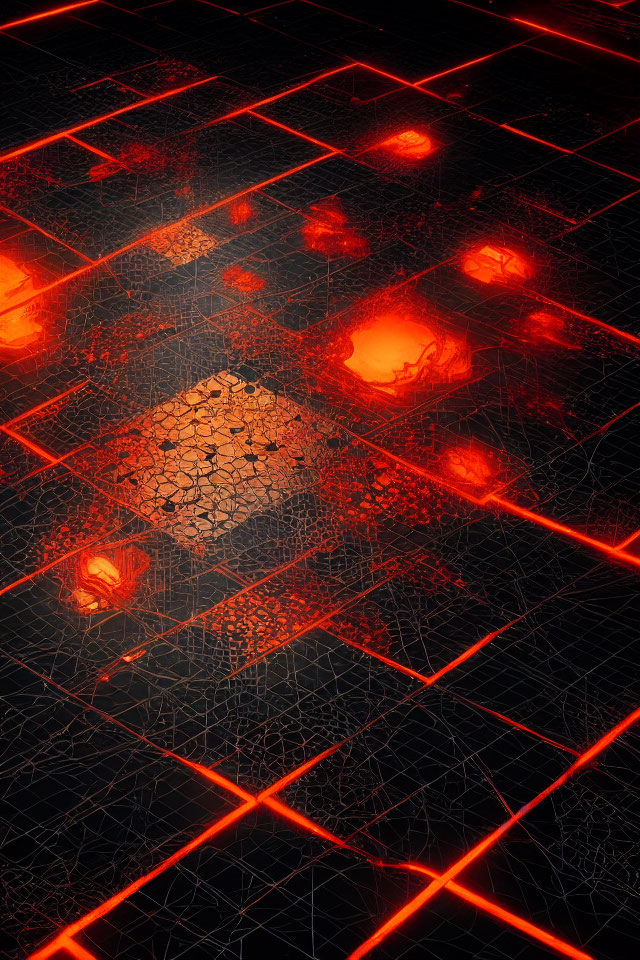 Abstract futuristic image: Dark surface with glowing red lines and cracks