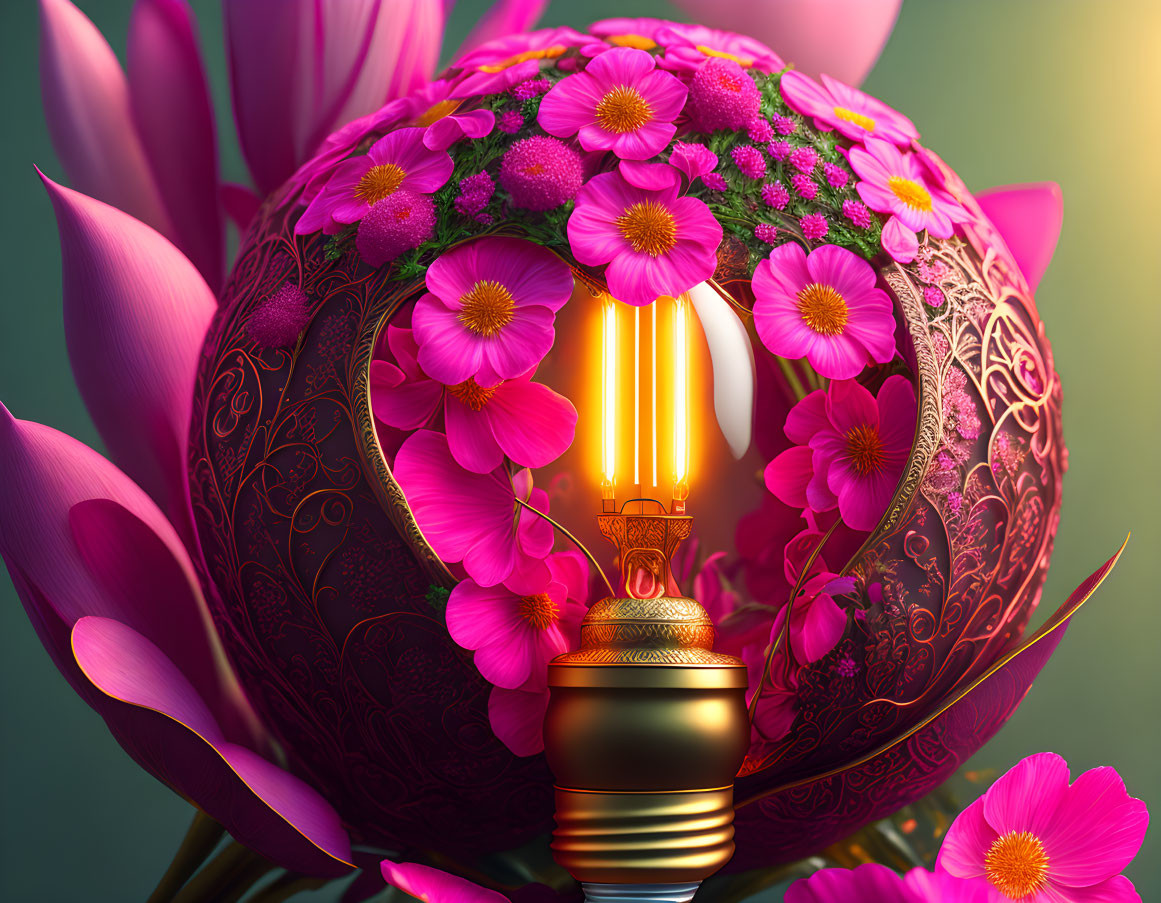 Colorful digital artwork of metallic sphere with flowers and glowing lightbulb