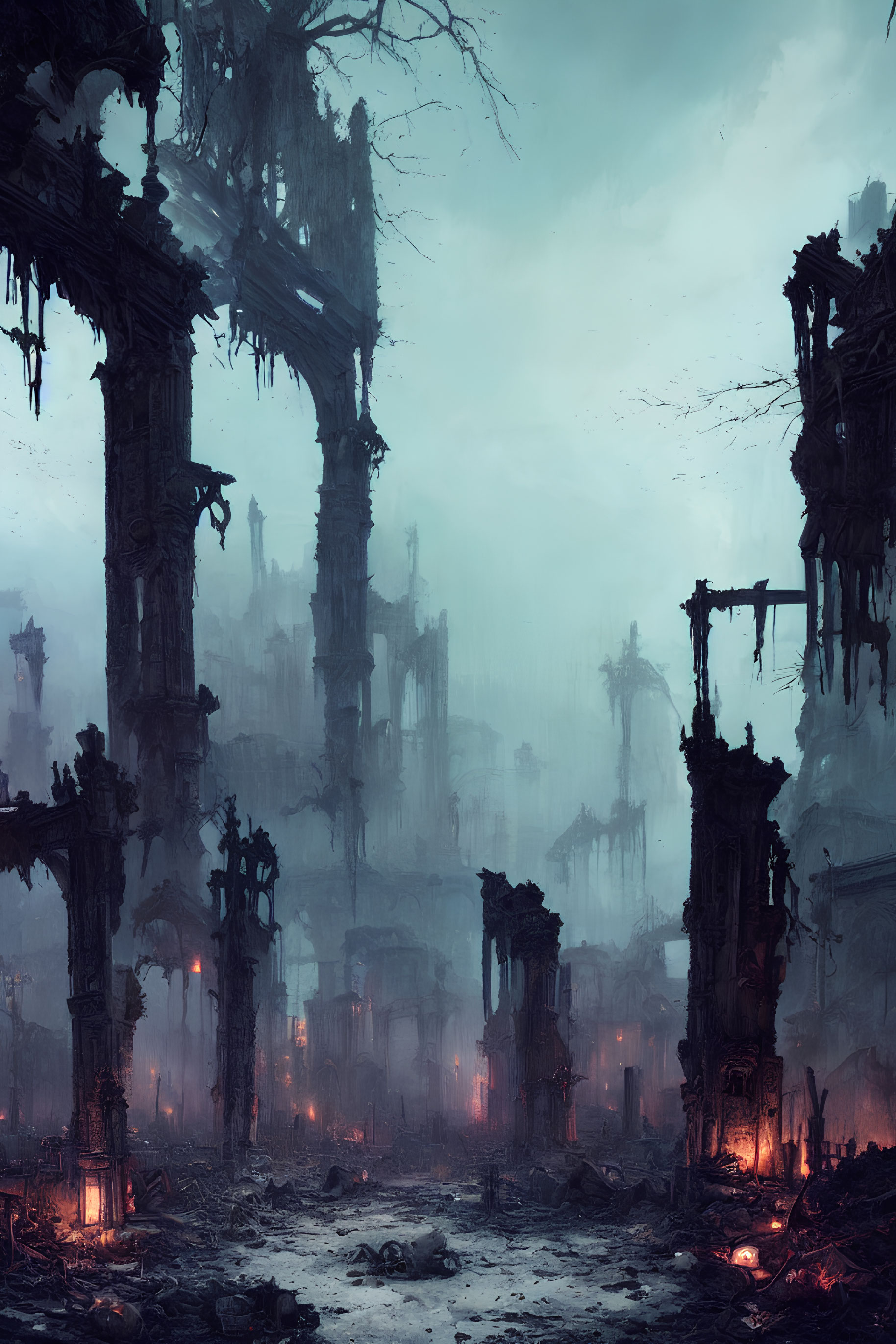 Mystical ruined city with towering structures in misty glow