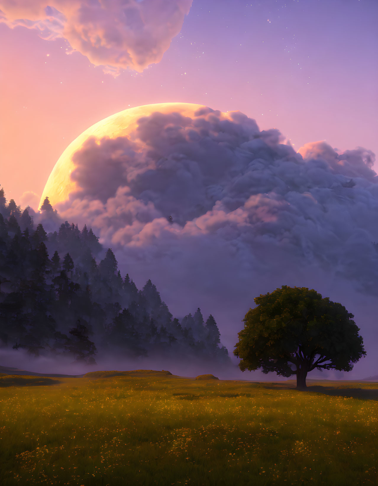 Giant Moon Over Surreal Landscape with Lone Tree and Yellow Flowers