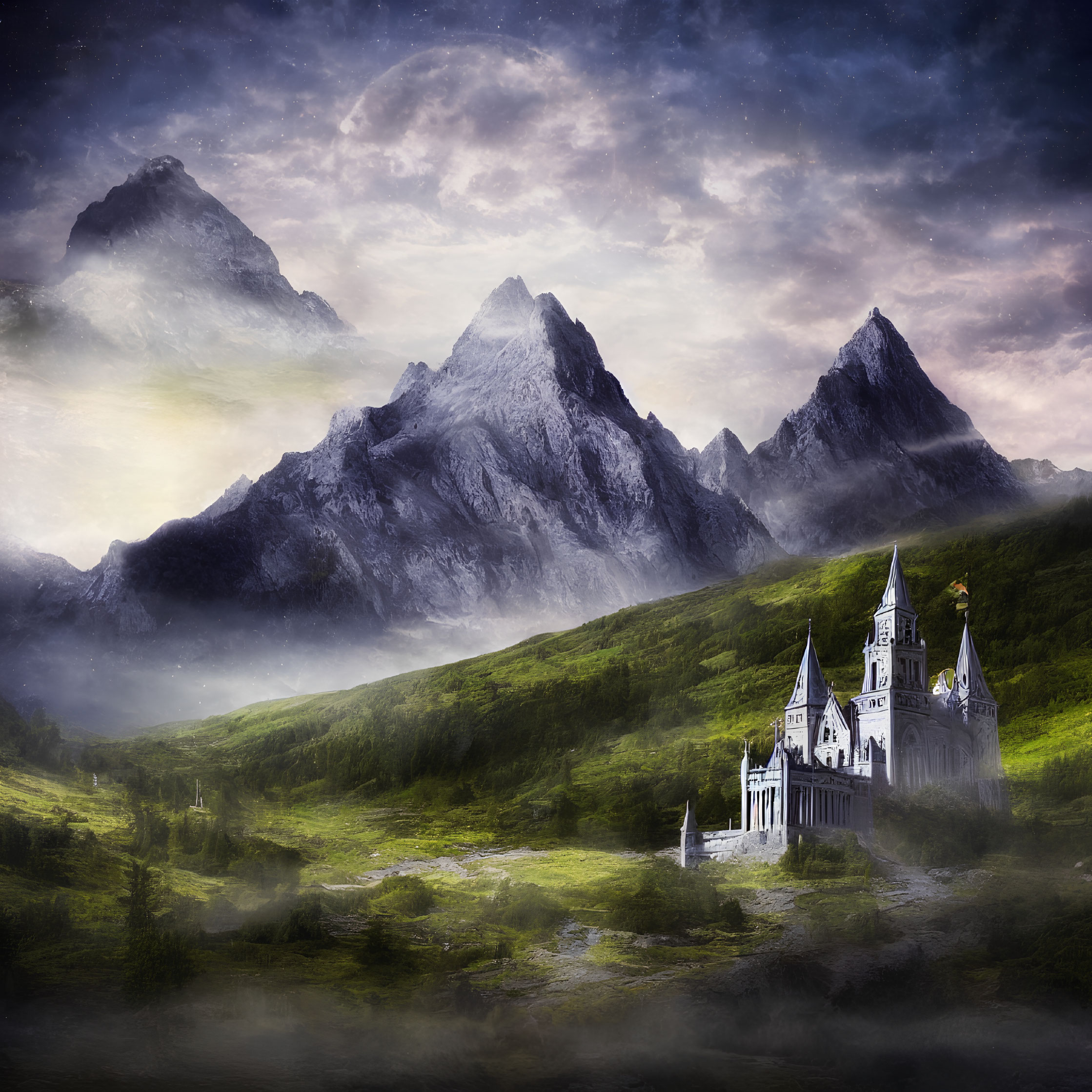 Ethereal landscape with grand white church in lush valley.