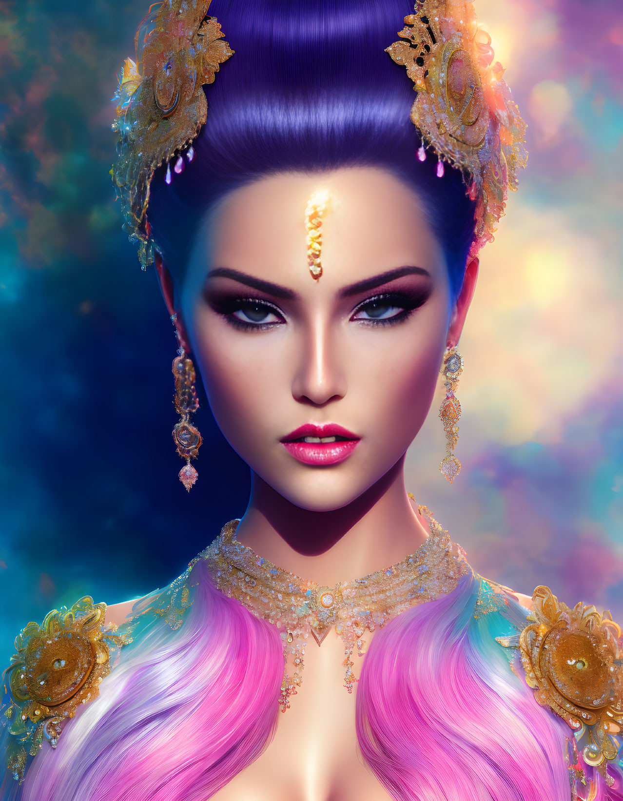 Digital portrait: Woman with purple hair, striking makeup, golden jewelry, colorful mystical background