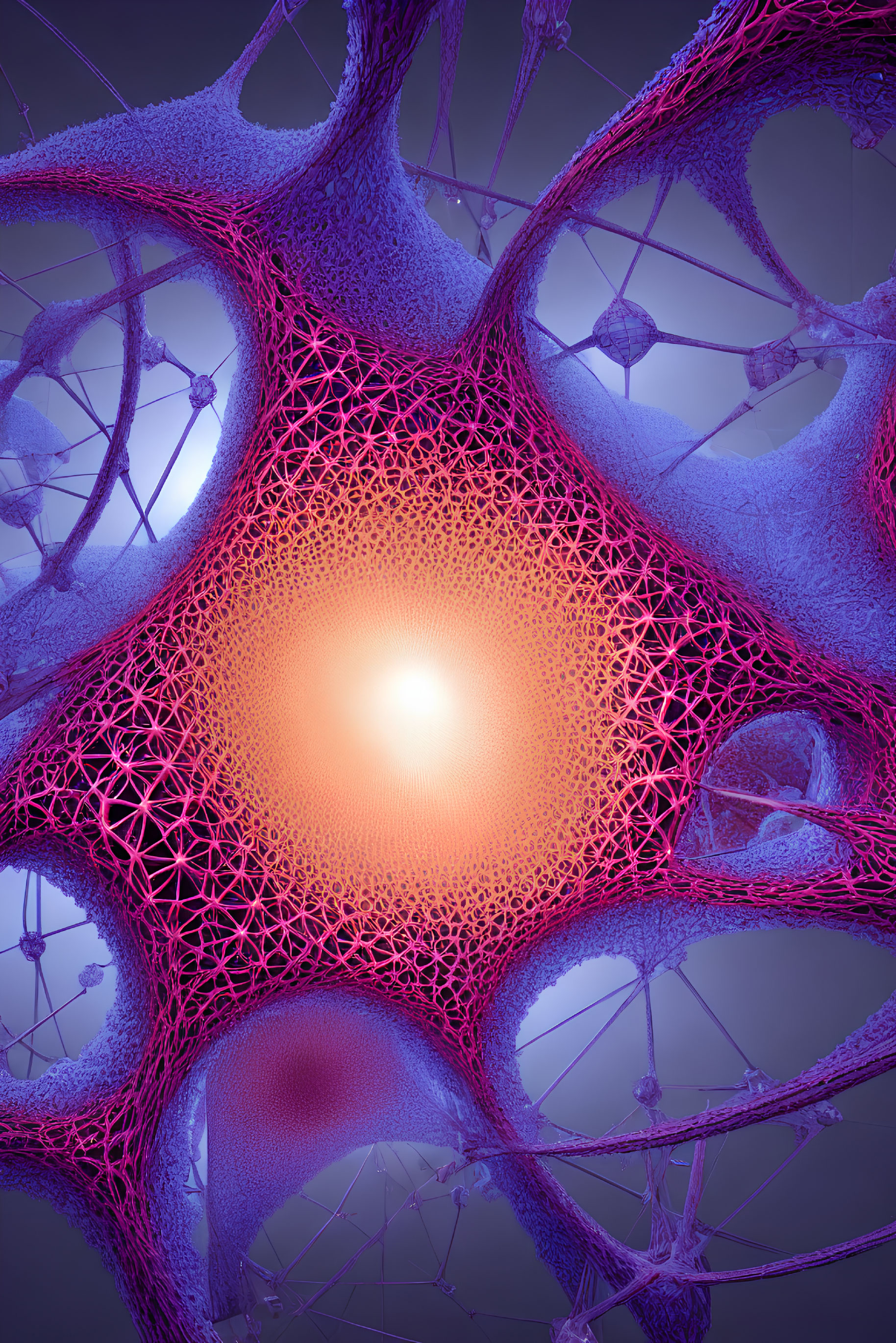 Detailed 3D rendering of neon-lit organic cell structures