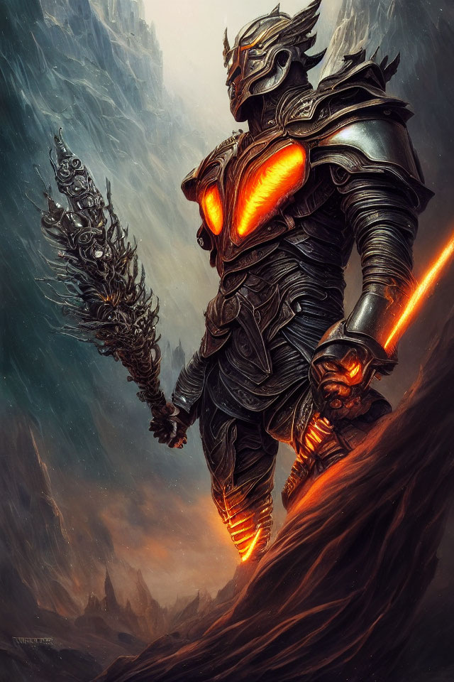 Armored knight with glowing mace in dark landscape