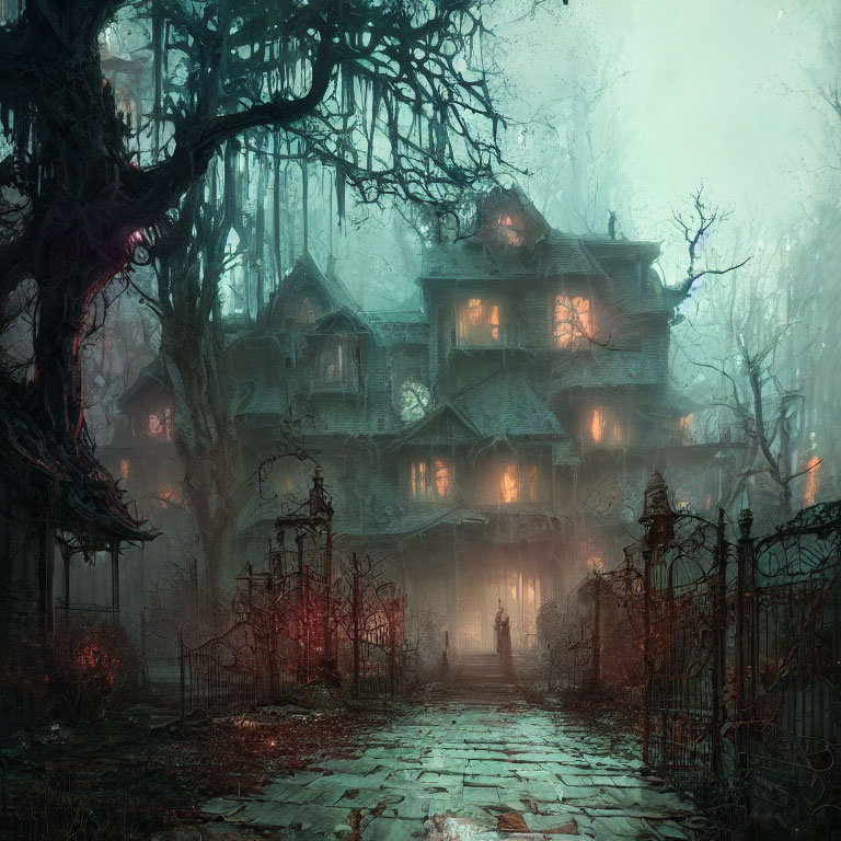 Eerie mist-covered mansion with glowing lights and twisted trees