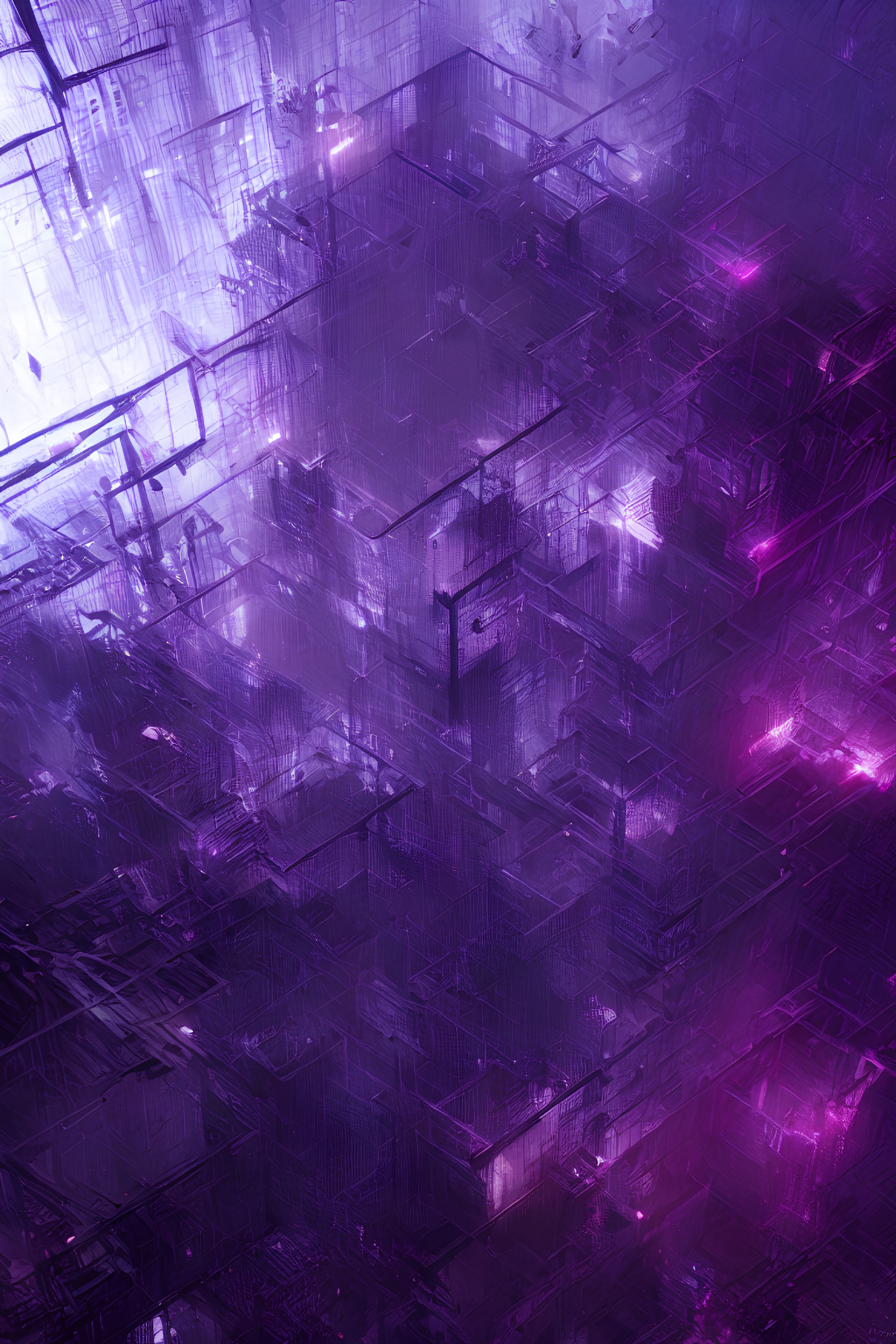 Abstract digital artwork of vibrant purple and blue futuristic cityscape