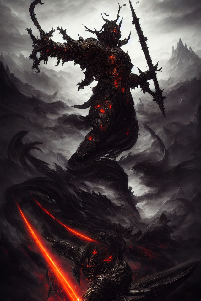 Dark fantasy art: Armored figure with glowing red sword in misty mountain scene