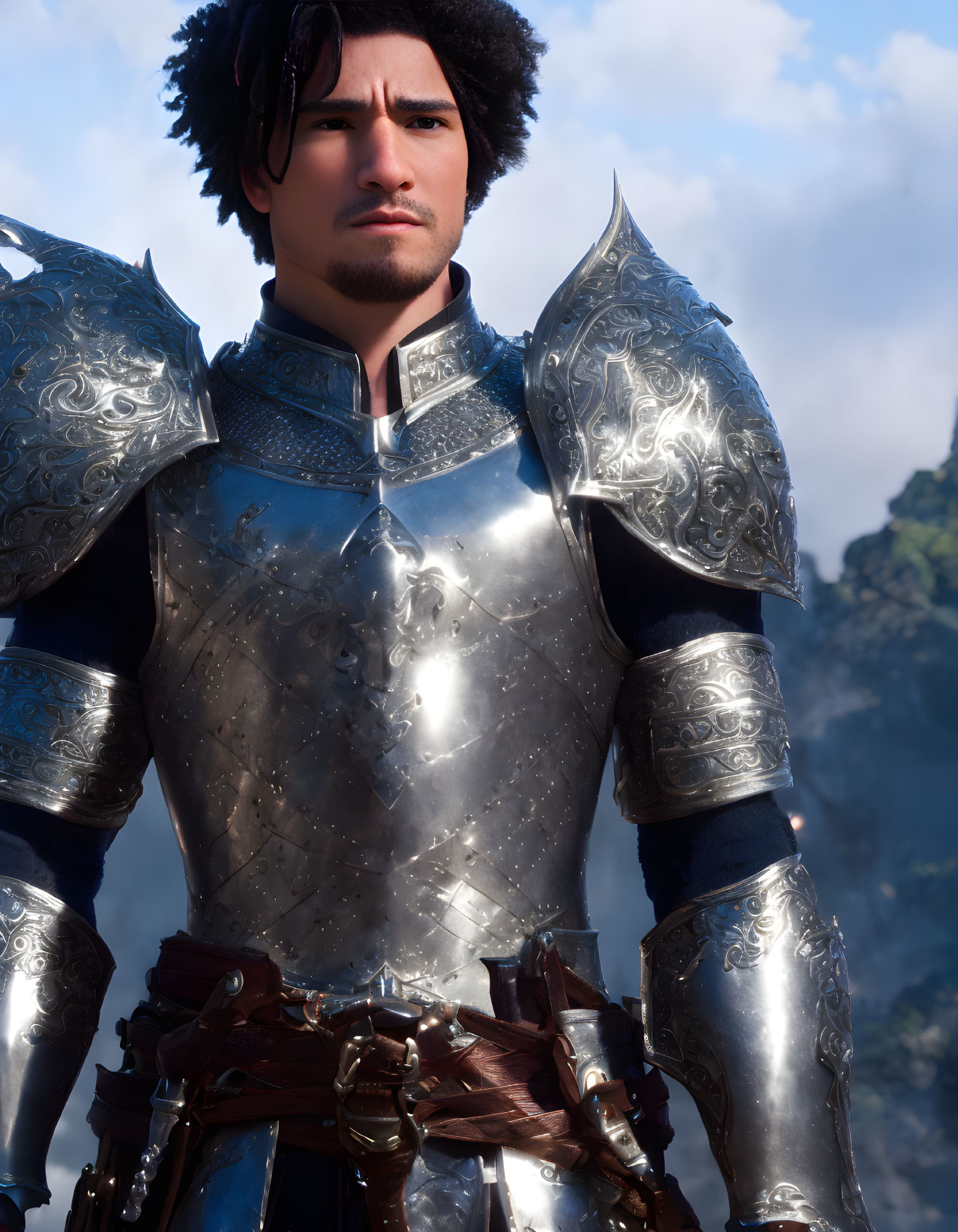 Detailed 3D animated character in intricate armor with natural backdrop