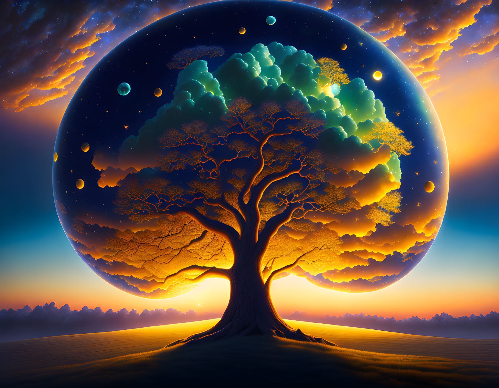 Majestic tree with glowing branches under luminous planet