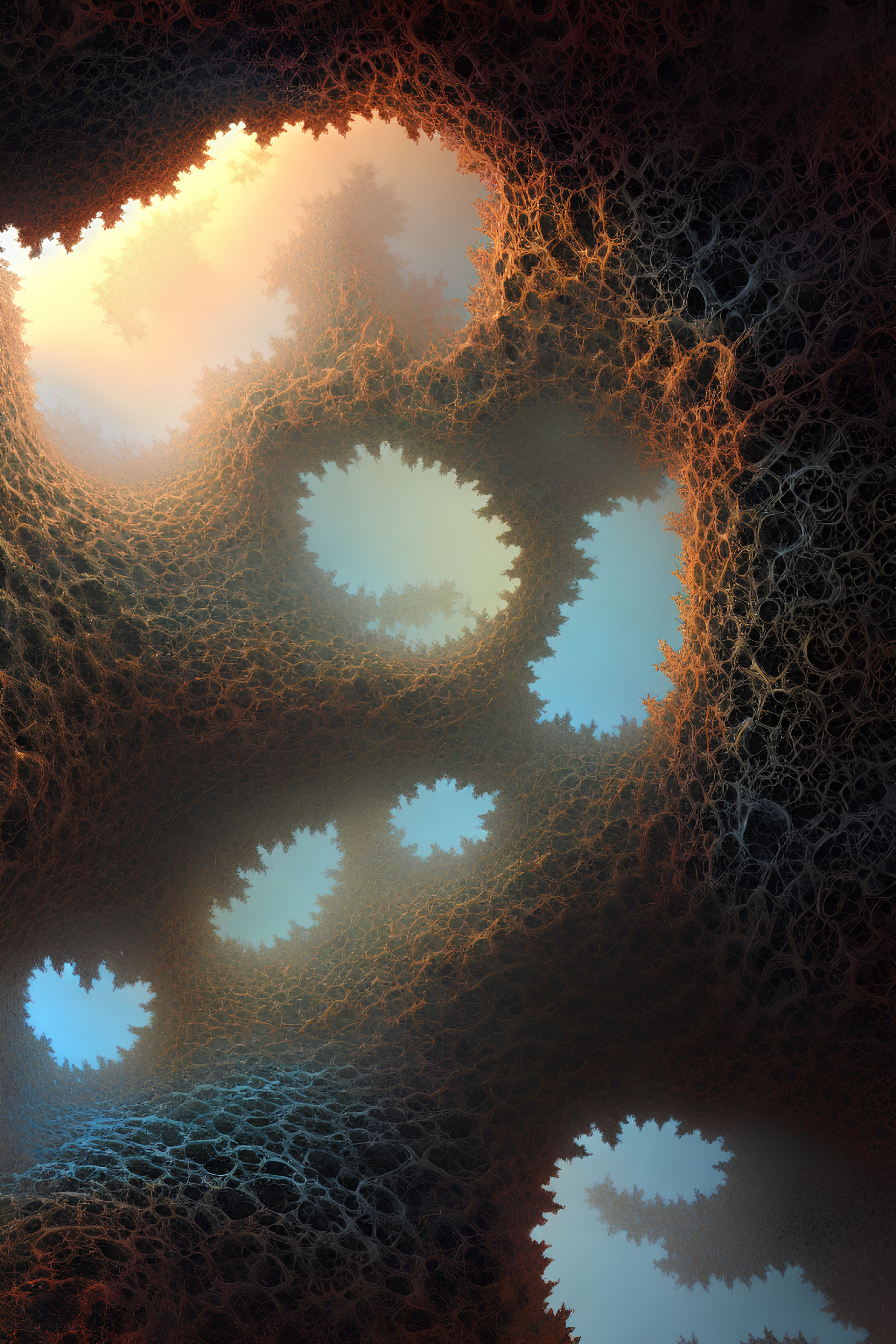 Fractal graphic with warm and cool lace-like patterns in organic cellular structures.