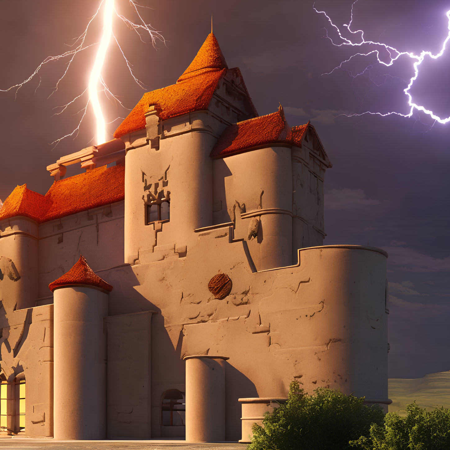 Twilight castle illustration with stormy skies and lightning bolts