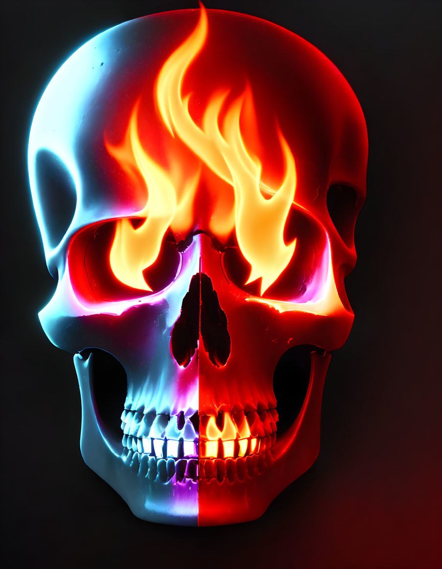 Split-color scheme skull graphic with blue and red tones and fiery flames.
