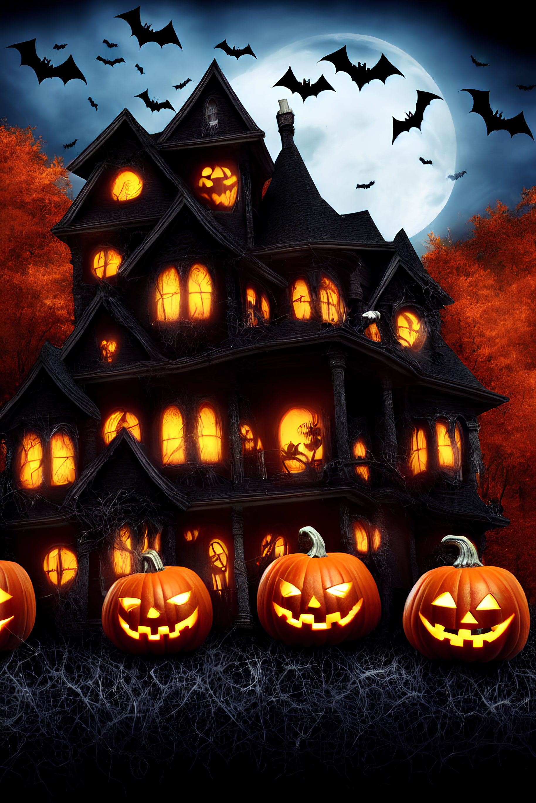 Eerie Halloween-themed image with haunted house, jack-o'-lanterns, full moon, bats