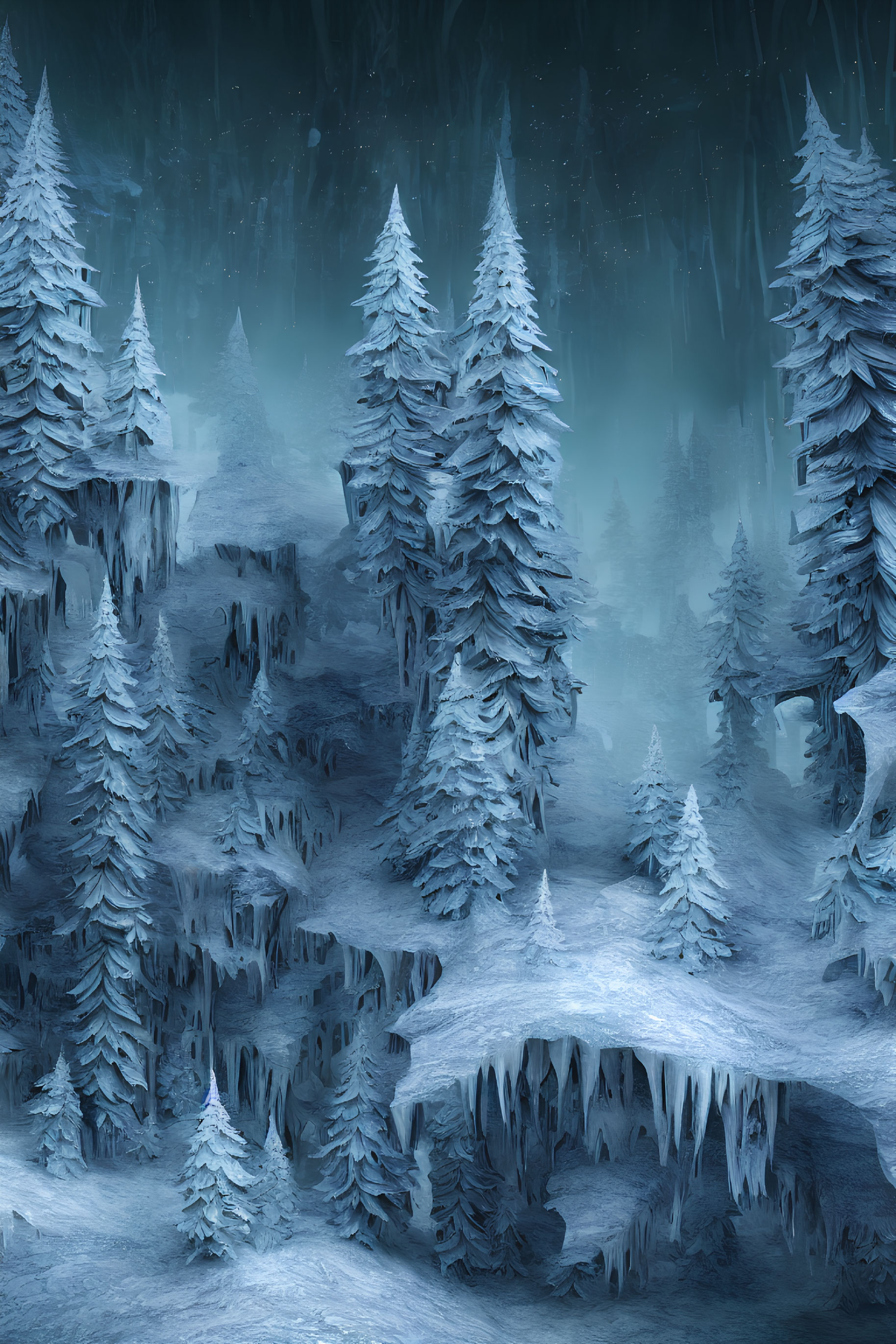 Snow-covered winter forest with towering evergreen trees under green aurora-lit sky