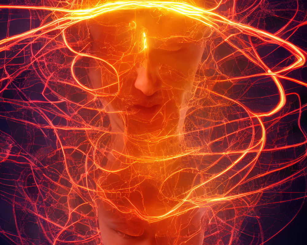 Digital abstract art: Human figure with glowing energy lines around head