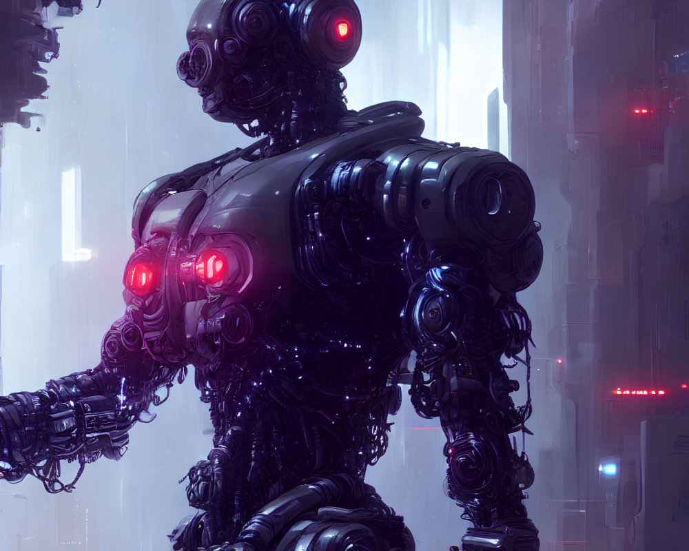 Detailed robotic figure with red lights in futuristic cityscape