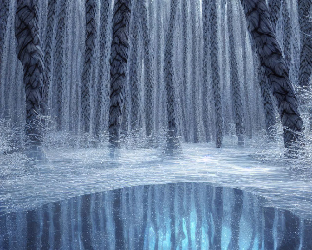 Frozen forest with tall, twisted trees reflected on icy surface