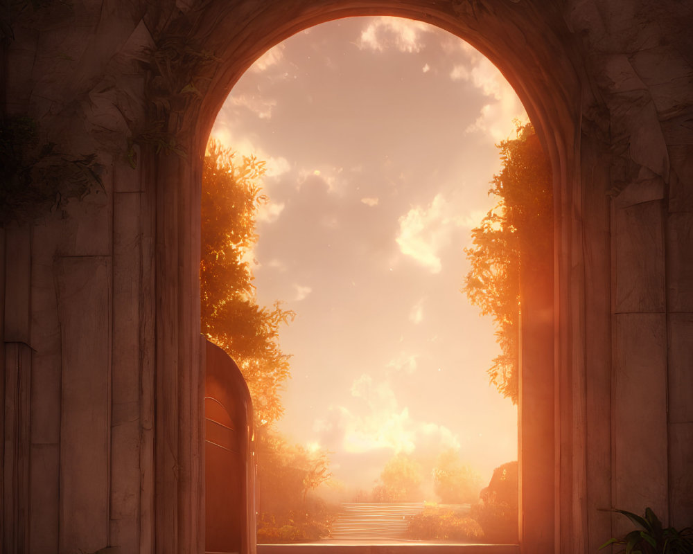 Sunset Archway with Stairs and Ornate Columns in Greenery