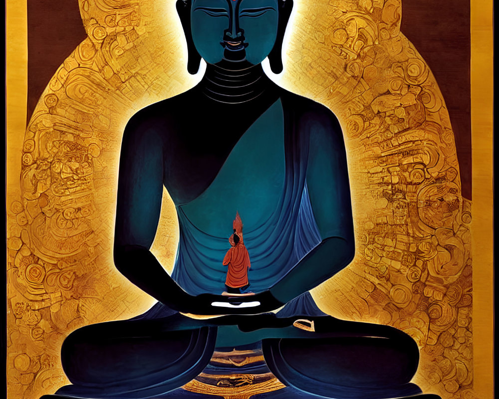 Vibrant painting of blue Buddha with golden halo meditating on black lotus