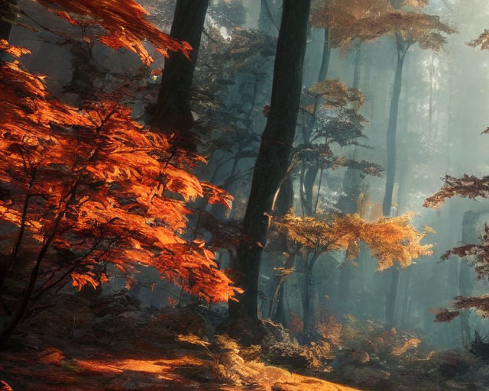 Sunlit Autumn Forest Scene with Red and Orange Leaves