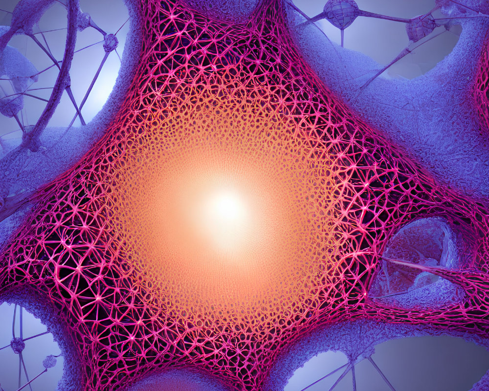 Detailed 3D rendering of neon-lit organic cell structures