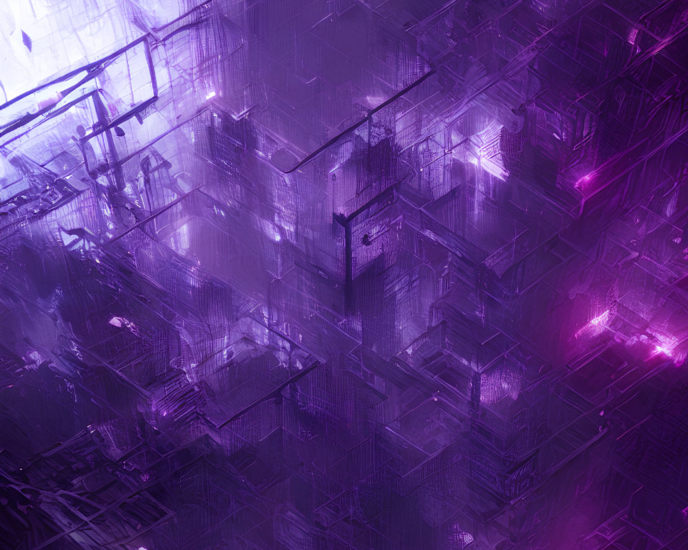 Abstract digital artwork of vibrant purple and blue futuristic cityscape