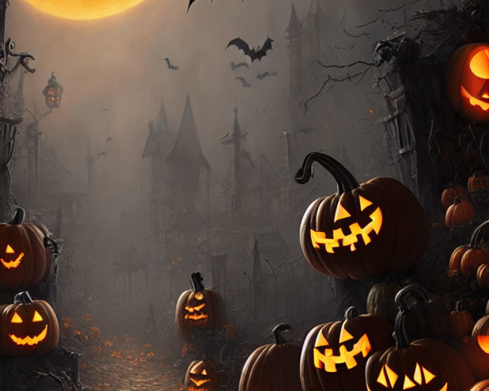 Halloween Scene: Carved Pumpkins, Bats, Full Moon, Eerie Village