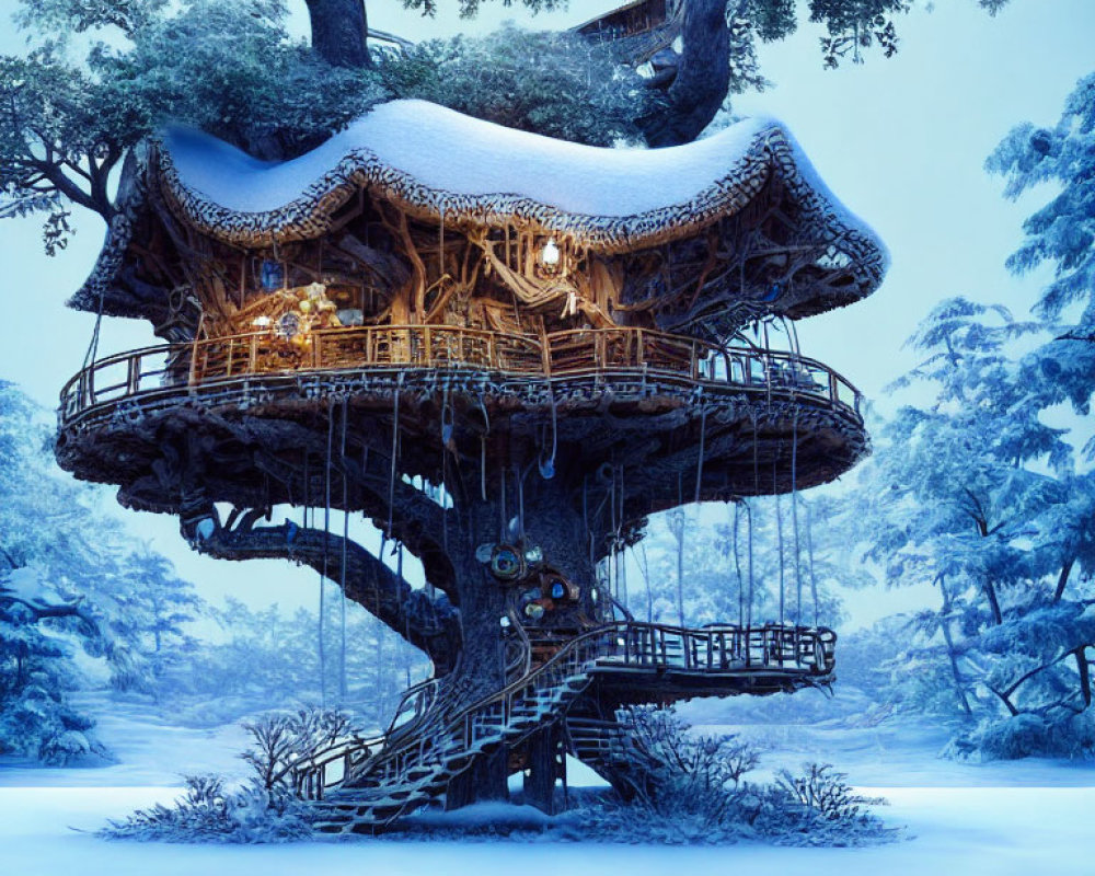 Snow-covered treehouse at night in wintry forest with bridge and swing