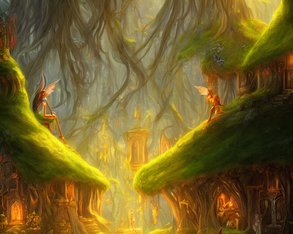 Moss-Covered Trees and Glowing Lanterns in Enchanting Forest